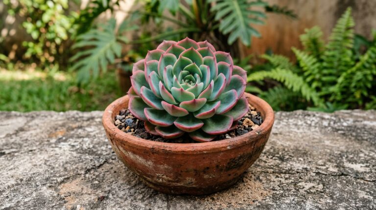 Suculenta Echeveria verde com bordas rosadas plantada em um vaso de barro raso sobre um muro de pedra.
