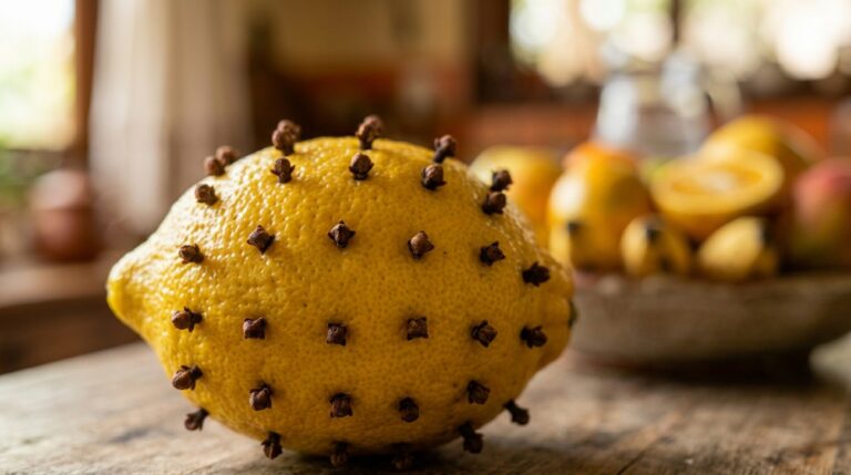 Um limão siciliano amarelo espetado com dezenas de cravos-da-índia sobre uma mesa de madeira rústica, com uma fruteira e ambiente de cozinha desfocados ao fundo.