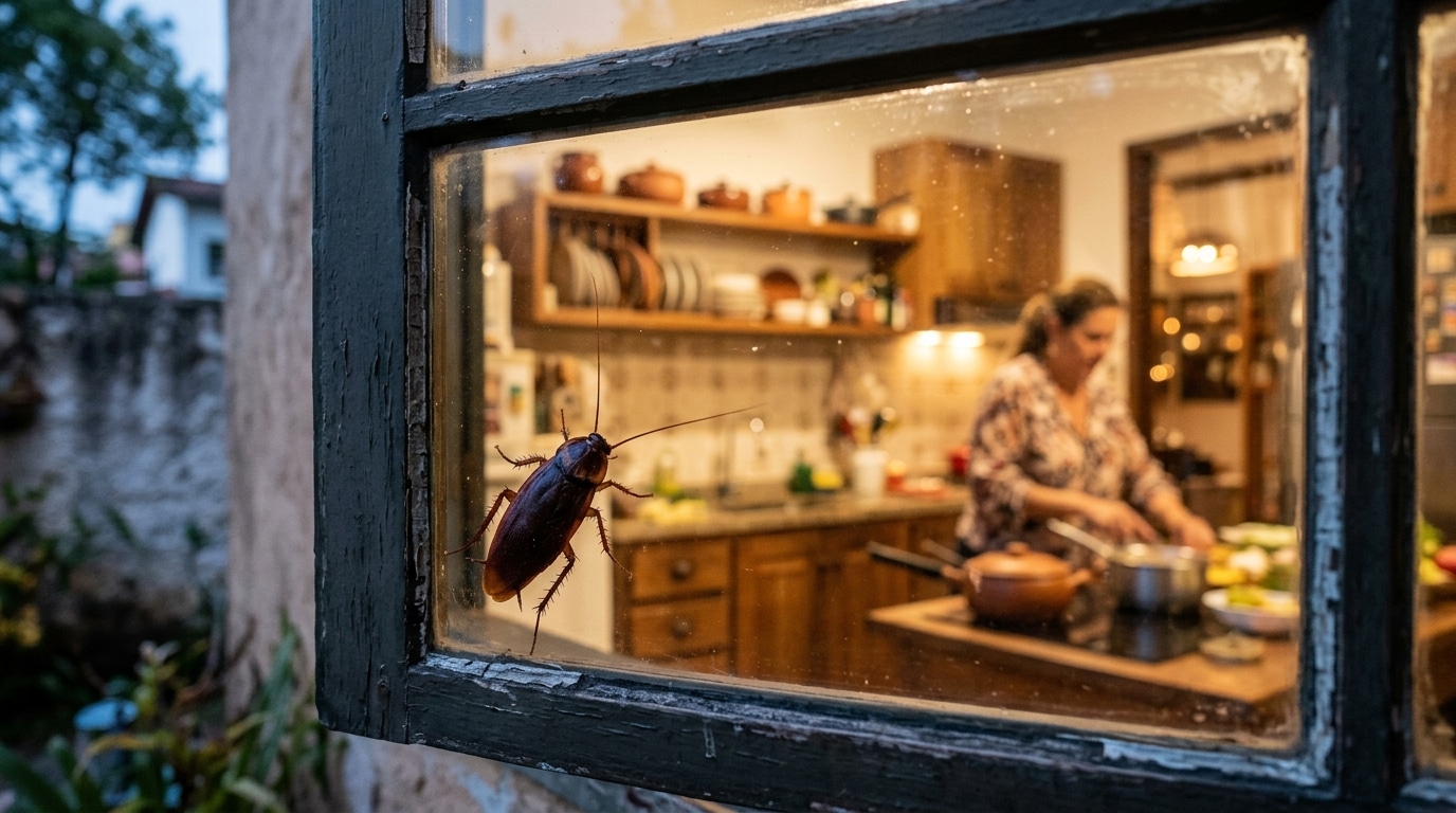 Uma barata parada no vidro de uma janela de madeira, com o fundo desfocado mostrando uma mulher preparando alimentos em uma cozinha iluminada.