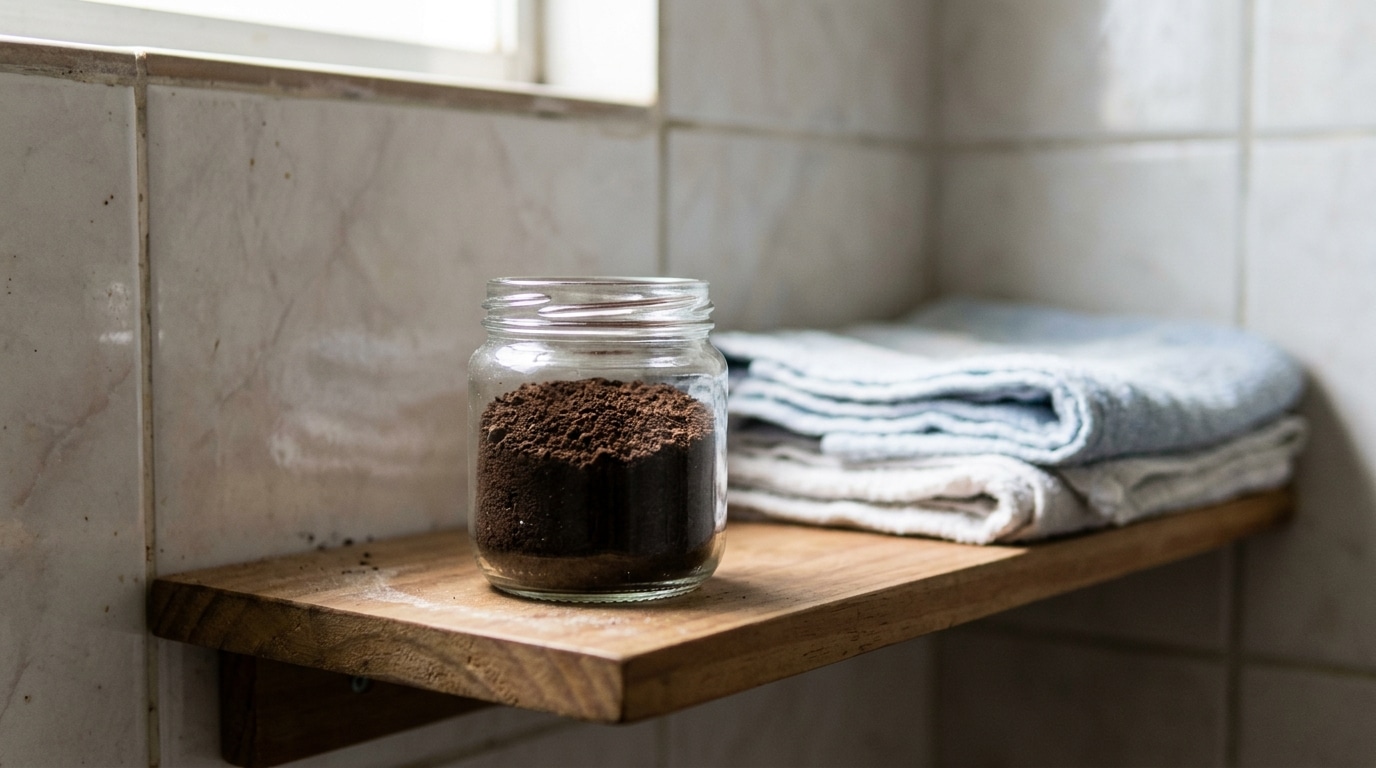 Pote de vidro transparente destampado com borra de café seca sobre uma prateleira de madeira rústica, ao lado de toalhas limpas dobradas no banheiro.