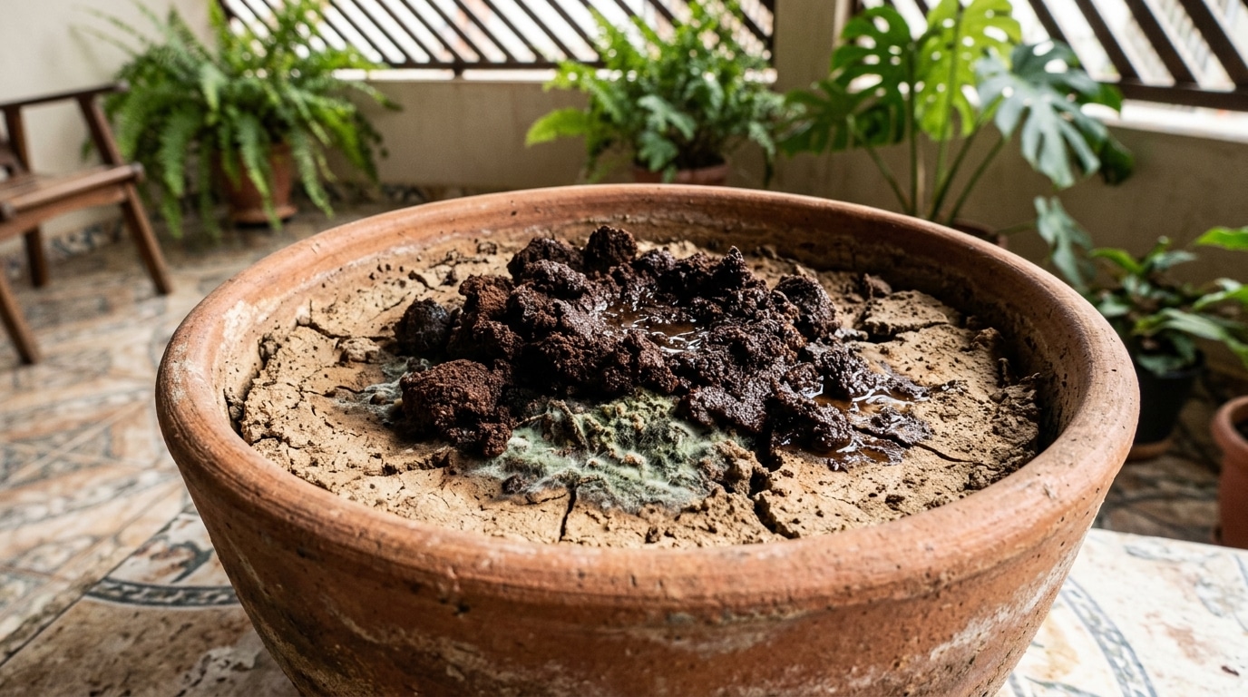 Vaso de cerâmica cheio de terra clara e rachada, com um monte de borra de café úmida e mofada no centro.
