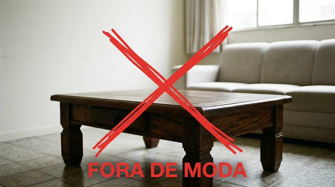 Mesa de centro de madeira escura com gaveta e pernas grossas sobre um piso de cerâmica. Há um grande "X" vermelho sobre a mesa e o texto "FORA DE MODA" em letras vermelhas na parte inferior. Ao fundo, um sofá bege desfocado.