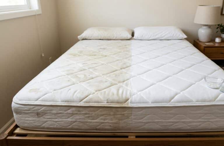 Colchão de casal sobre estrado de madeira, com o lado esquerdo apresentando manchas amareladas de suor e o lado direito totalmente branco e limpo.