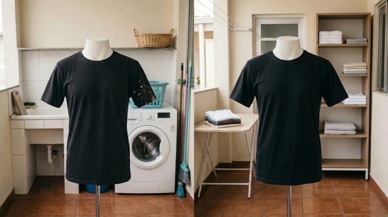 Montagem de antes e depois de uma camiseta preta no manequim. À esquerda, a camisa tem manchas de água sanitária na manga. À direita, a mesma camisa aparece totalmente preta e recuperada.