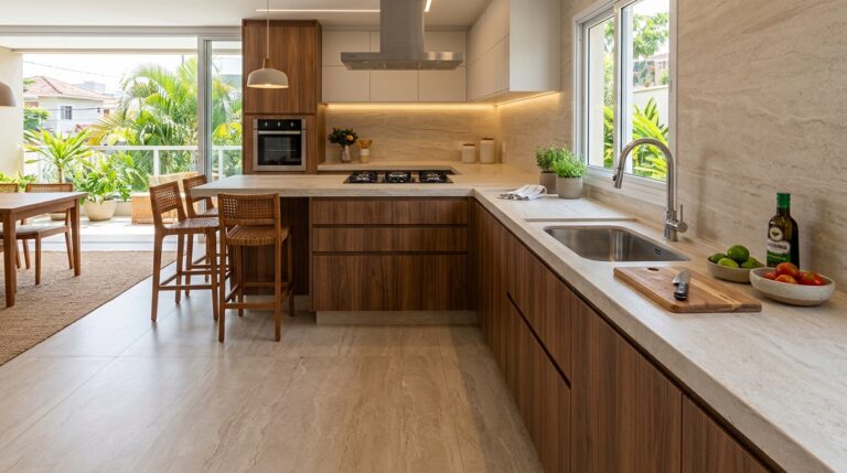 Cozinha moderna com conceito aberto e iluminação natural, integrada a uma varanda com plantas tropicais ao fundo. Destaca-se a longa bancada clara em porcelanato que sobe até o frontão da parede, contrastando harmonicamente com armários planejados em tons quentes de madeira.