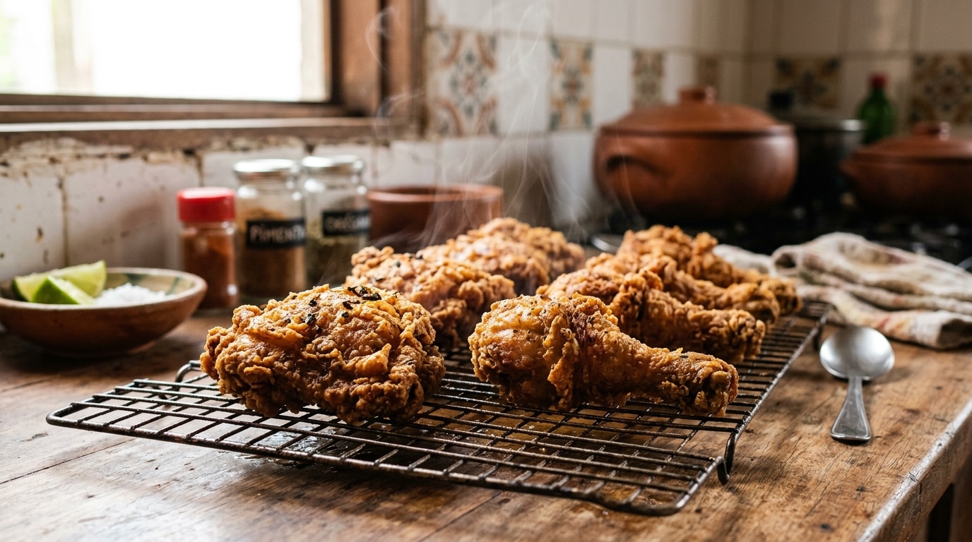 Pedaços volumosos de frango frito soltando fumaça sobre uma grade de resfriamento preta, apoiada em uma mesa rústica de madeira.
