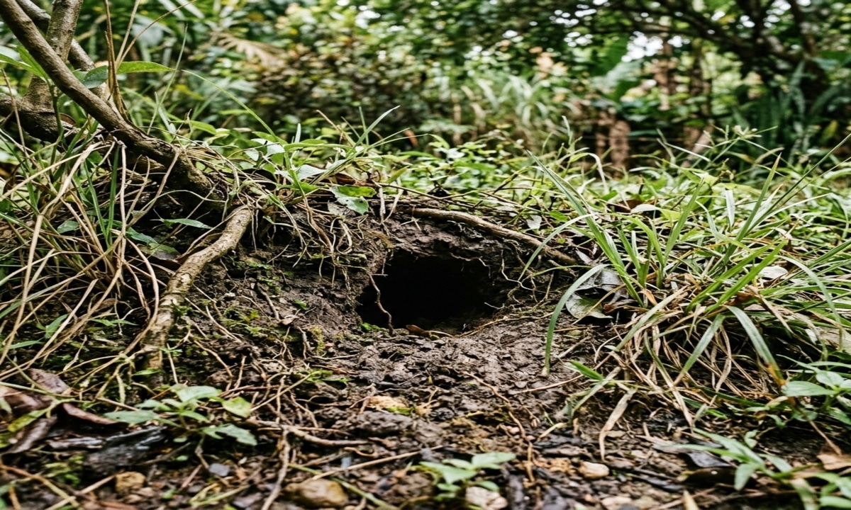 Um buraco profundo e completamente escuro cavado diretamente na terra do jardim. A entrada da toca é cercada por raízes de árvores expostas, galhos finos, folhas secas e capim verde, que ajudam a camuflar o acesso.