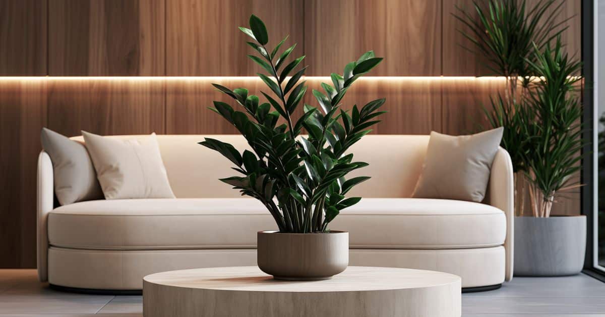 Zamioculca em vaso moderno sobre mesa de centro redonda diante de sofá bege em sala minimalista com painel amadeirado e iluminação indireta.