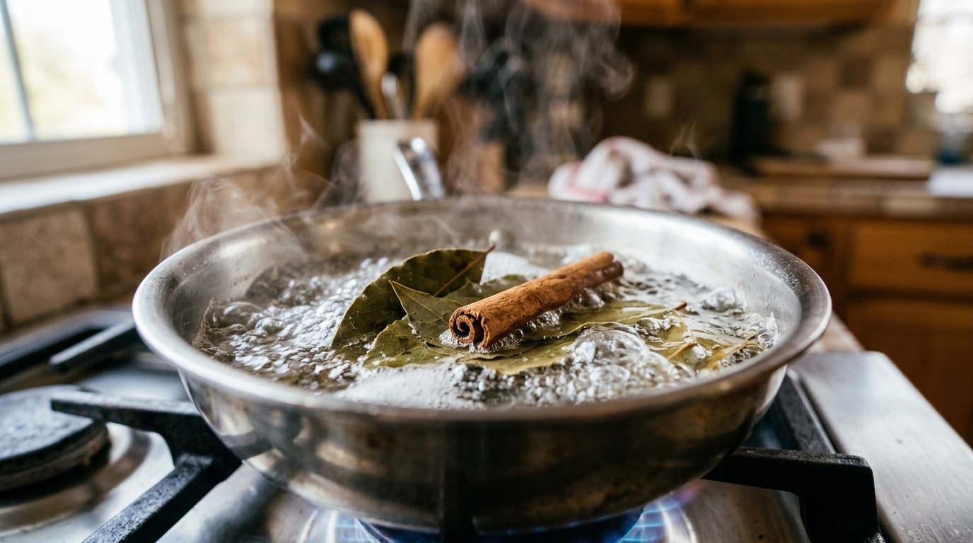 Água fervendo em uma panela de aço inox sobre a chama de um fogão a gás, com folhas de louro e um pau de canela no centro liberando bastante vapor em uma cozinha.