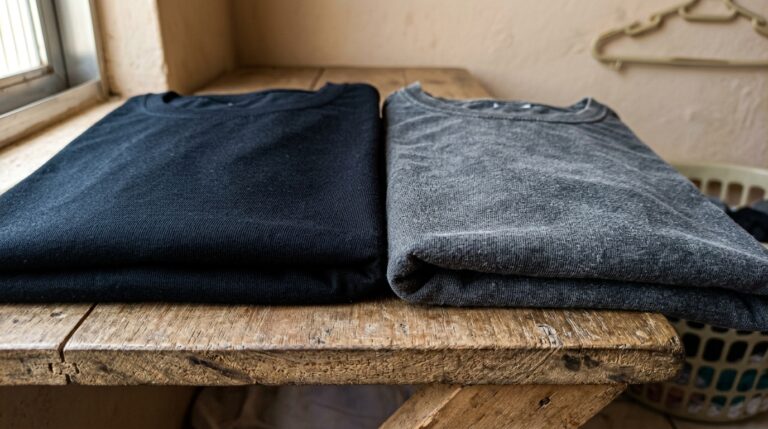 Duas camisetas dobradas lado a lado sobre uma bancada rústica de madeira grossa. A camiseta da esquerda apresenta um tom de preto intenso, liso e com aparência de nova. A da direita está severamente desgastada, opaca, com fibras ásperas e um aspecto acinzentado.