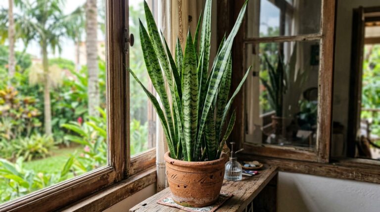 Planta Espada-de-são-jorge alta e saudável com folhas verticais verdes, plantada em um vaso rústico de barro com entalhes, apoiada em uma bancada de madeira rústica ao lado de uma janela aberta para um jardim.