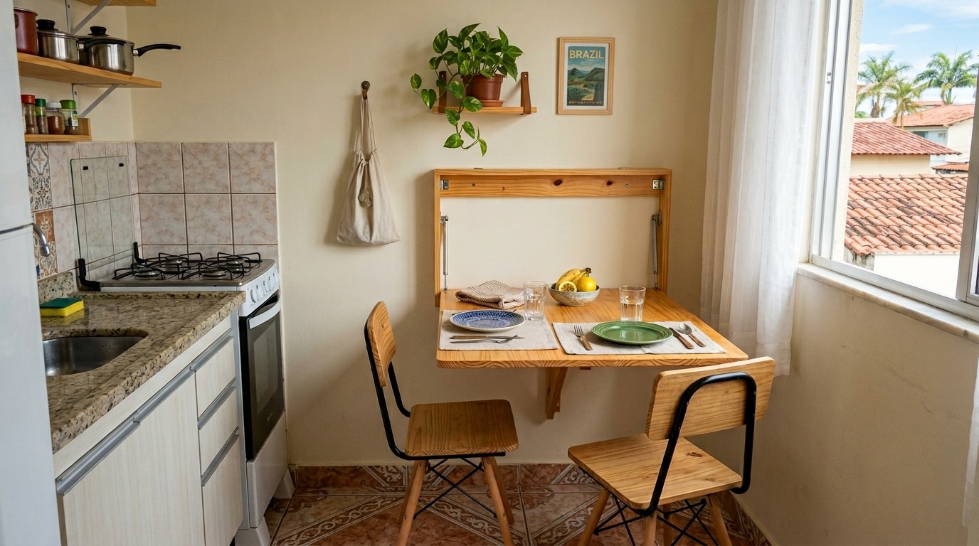 Mesa de madeira dobrável fixada na parede de uma cozinha pequena, aberta e posta para duas pessoas, ladeada por duas cadeiras de madeira e metal.
