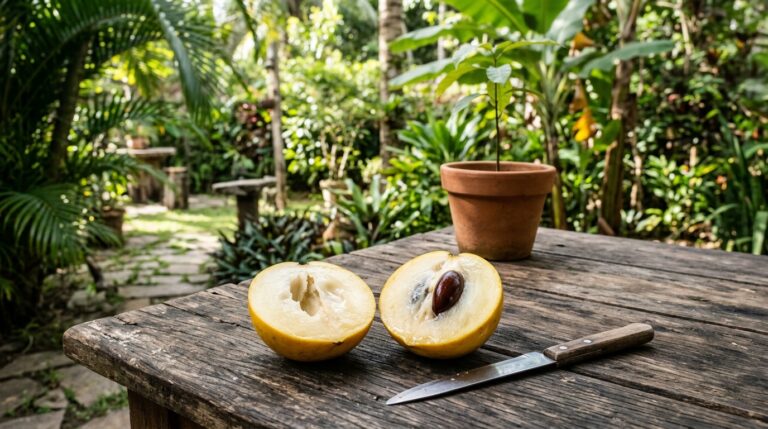 Fruto de abiu maduro cortado ao meio sobre uma mesa rústica de madeira, revelando a polpa branca e uma semente escura, com um jardim ao fundo.