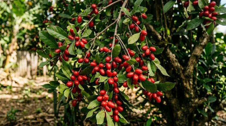 Galhos de uma arvoreta repletos de pequenos frutos vermelhos e brilhantes de miraculina, contrastando com as folhas verdes no jardim.