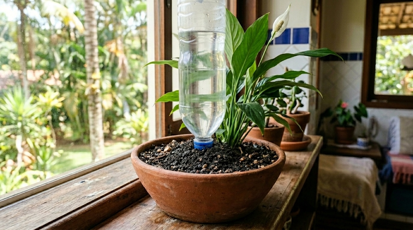 Garrafa de plástico transparente cheia de água virada de cabeça para baixo com a tampa azul enterrada na terra de um vaso de barro com um lírio-da-paz.