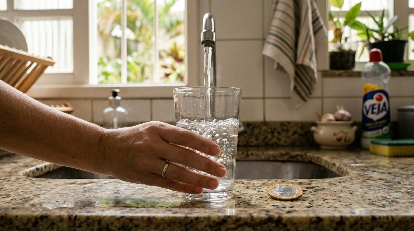 Mão segurando um copo de vidro transparente sendo enchido com água da torneira sobre uma bancada de granito, com uma moeda de 1 Real ao lado.
