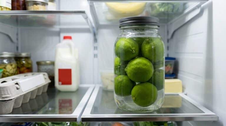 Pote de vidro transparente e alto, com tampa de metal, cheio de água e limões verdes submersos. O recipiente está posicionado em uma prateleira de vidro bem iluminada dentro de uma geladeira moderna, ladeado por uma caixa de ovos e uma garrafa de leite.