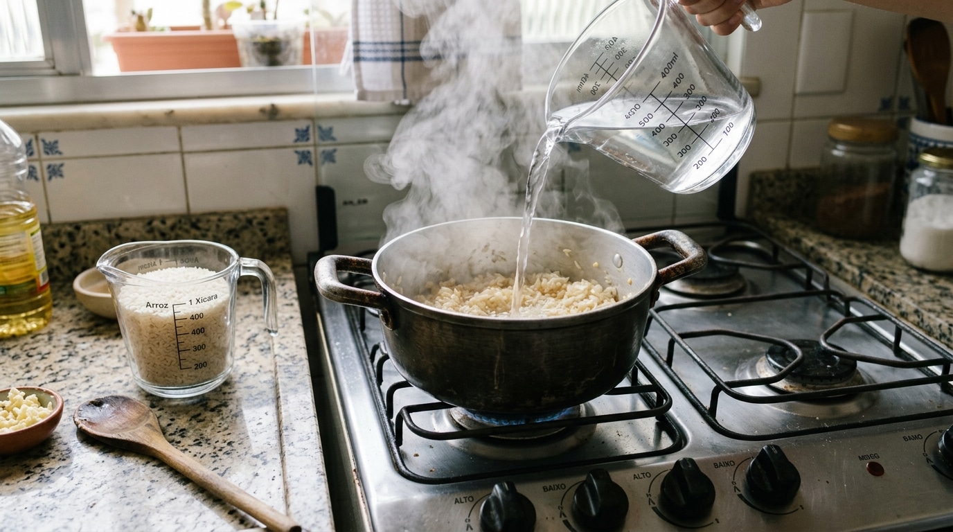 Mão despejando água de um copo medidor de vidro em uma panela com arroz no fogão, gerando muito vapor. Ao lado, ingredientes na bancada.