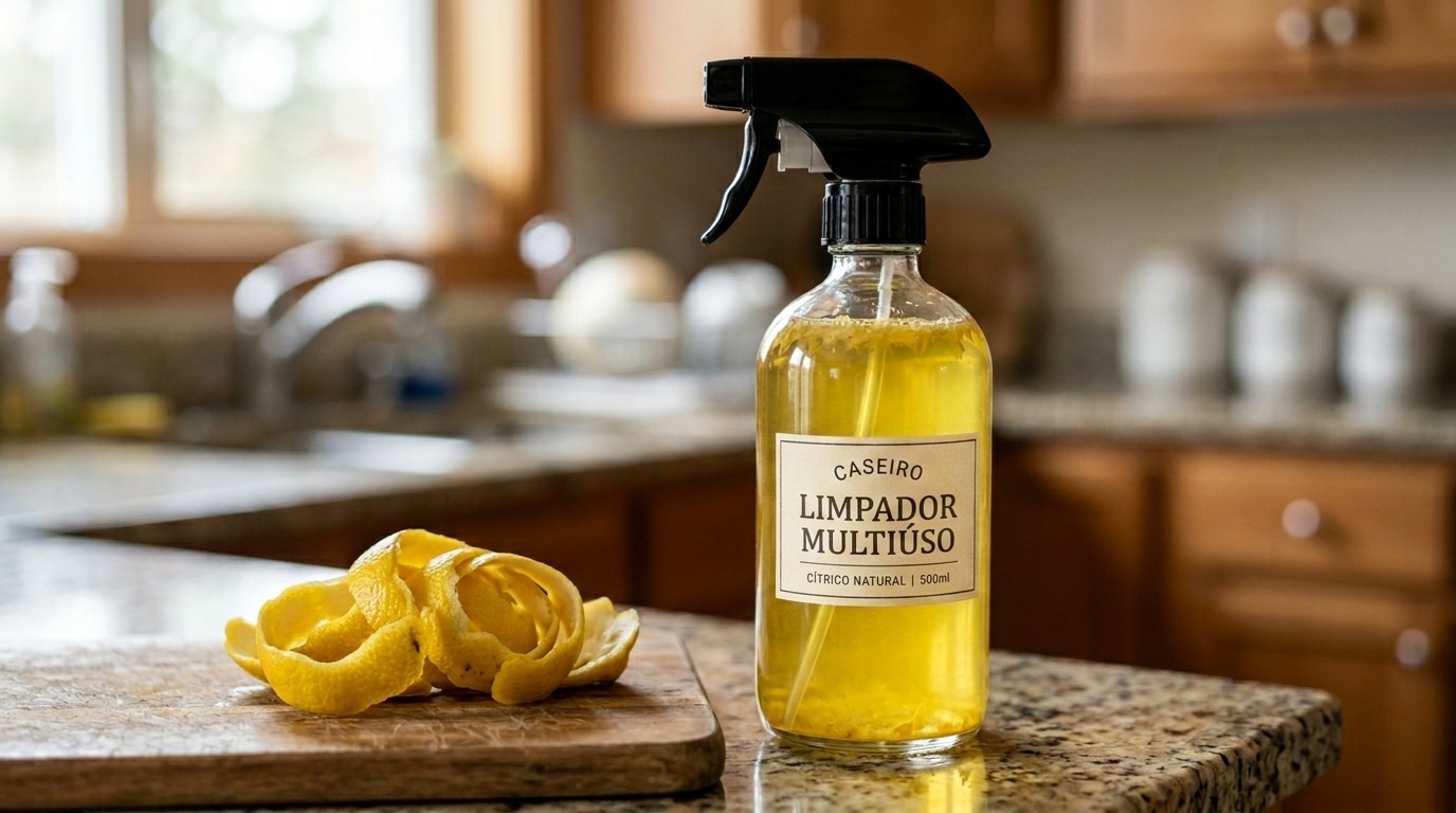 Garrafa de vidro transparente com gatilho spray preto cheia de líquido amarelo, com um monte de cascas de limão siciliano ao lado sobre uma tábua.