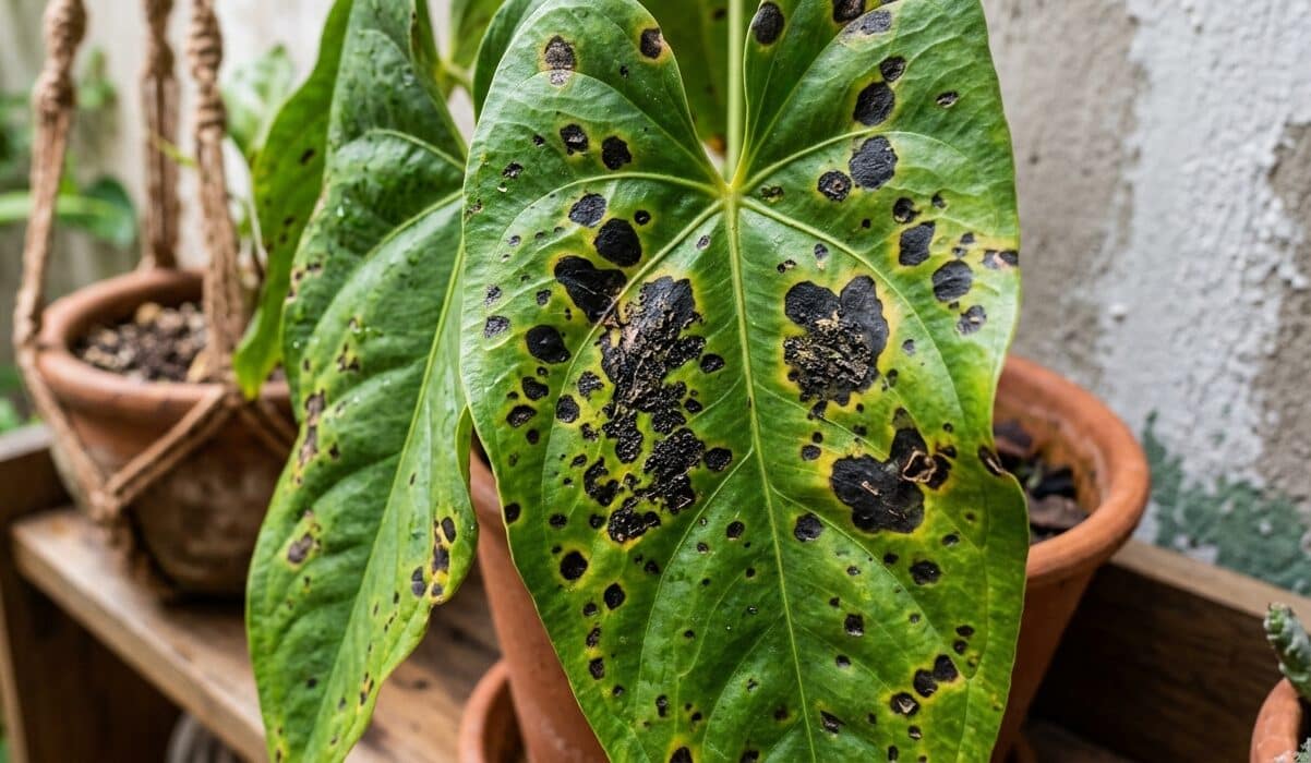 Close-up de uma grande folha verde de antúrio (ou planta tropical semelhante) em um vaso de barro. A folha está tomada por enormes manchas necróticas pretas e marrons cercadas por halos amarelos, indicando uma grave infecção.