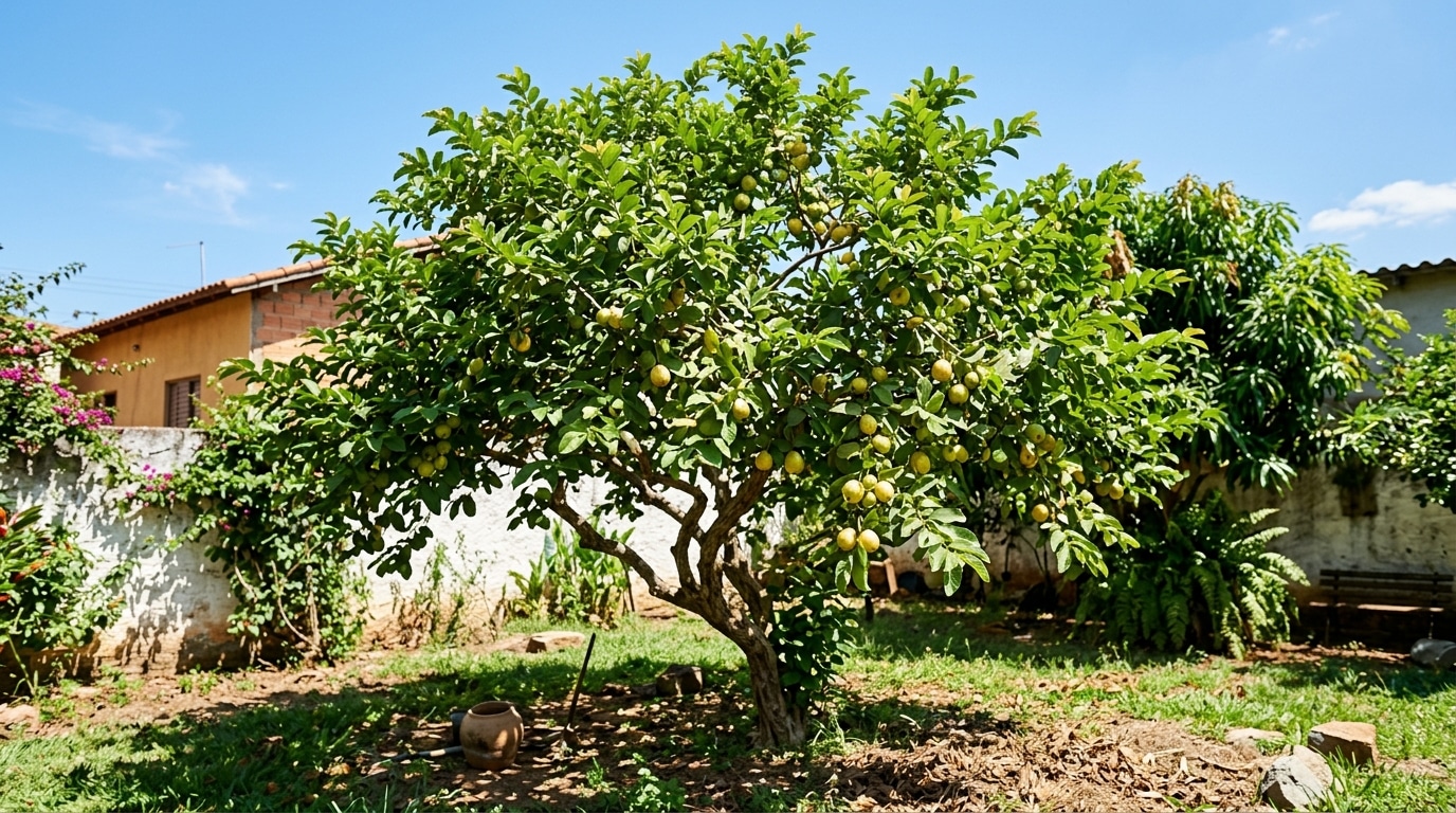 Visão geral de uma goiabeira frondosa e saudável plantada no chão de um quintal ensolarado. A árvore de tronco retorcido está carregada de dezenas de goiabas verdes e amareladas entre as folhas. Ao fundo, um muro rústico branco e outras plantas compõem o jardim sob um céu azul.