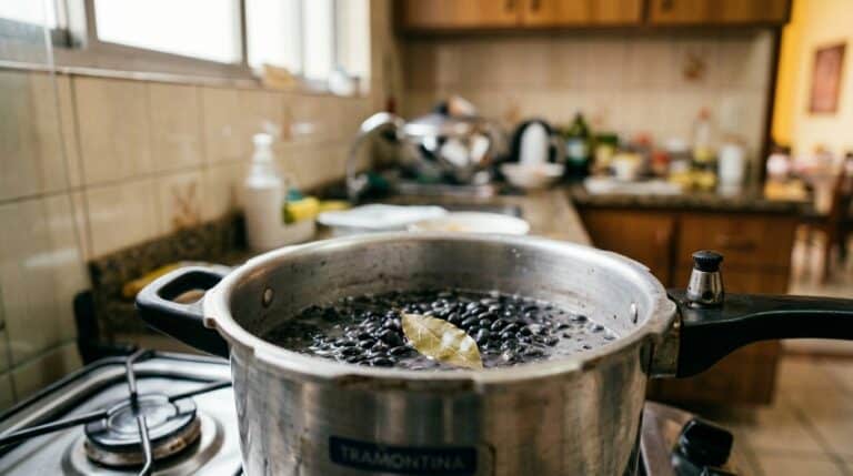 Panela de pressão no fogão com feijão preto cru e água, focando em uma folha de louro seca boiando na superfície antes do início do cozimento.