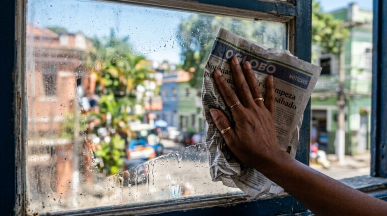Mão utilizando uma folha de jornal amassada para limpar uma janela de vidro molhada com produto de limpeza. Através da área já translúcida do vidro, é possível ver o desfoque de uma rua urbana com casas coloridas e árvores.