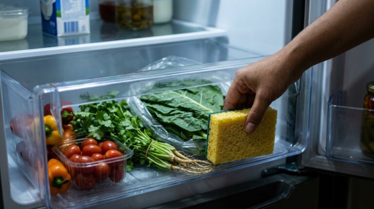 Fotografia de uma mão posicionando uma esponja de cozinha nova, do lado amarelo e verde, dentro da gaveta de acrílico transparente de uma geladeira. A gaveta está cheia de vegetais frescos, incluindo tomatinhos cereja, pimentões e maços de folhas verdes.