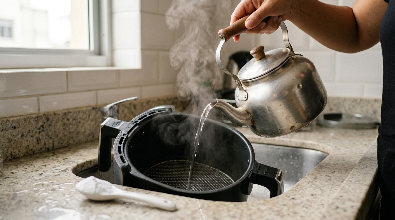 Pessoa despejando água fervente de uma chaleira de alumínio rústica dentro da gaveta de uma air fryer posicionada sobre uma pia de granito, com uma colher cheia de pó branco (bicarbonato) apoiada na borda.