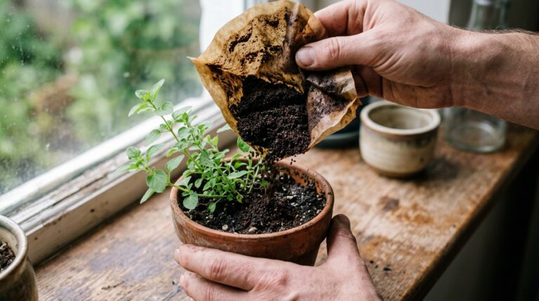 Mãos masculinas segurando um filtro de papel de café usado e despejando a borra de café úmida e escura diretamente sobre a terra preta de um pequeno vaso de cerâmica contendo uma planta verde, em frente a uma janela rústica.