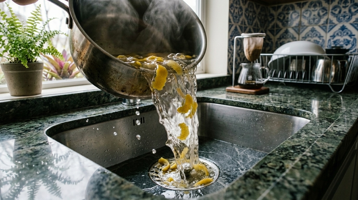 Uma panela de metal despejando uma mistura de água fervente com cascas de limão diretamente no ralo de uma pia de cozinha de aço inox, com vapor visível subindo da água.