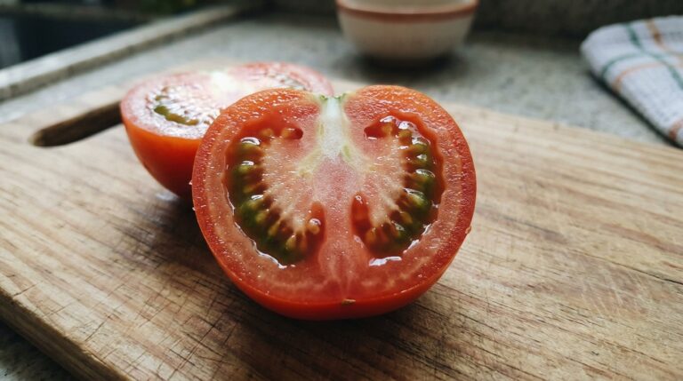 Close-up de um tomate vermelho e brilhante cortado perfeitamente ao meio sobre uma tábua de madeira rústica, revelando a textura da polpa fresca e das sementes úmidas em seu interior.