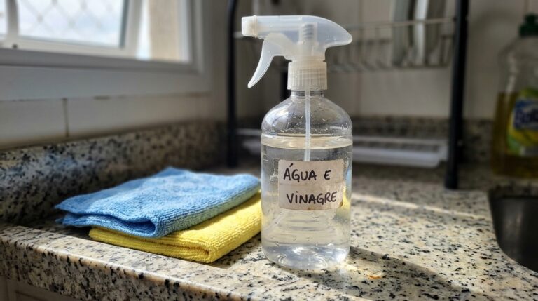 Frasco borrifador transparente com uma etiqueta rústica escrita à mão "ÁGUA E VINAGRE", posicionado ao lado de dois panos de microfibra limpos e dobrados (azul e amarelo) sobre uma bancada de granito.