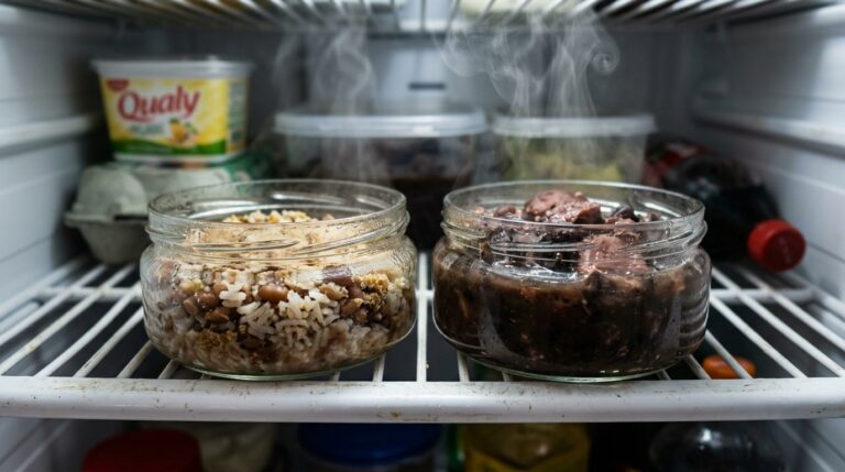 Dois potes de vidro abertos contendo sobras de arroz, feijão e carne ainda quentes, exalando bastante vapor, colocados diretamente na prateleira de uma geladeira cheia de outros alimentos.