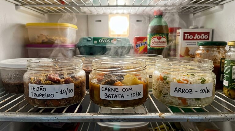 Três potes de vidro organizados na grade da geladeira, etiquetados à mão com "Feijão Tropeiro - 10/10", "Carne com Batata - 10/10" e "Arroz - 10/10". Os potes estão destampados e a comida quente exala vapor denso.