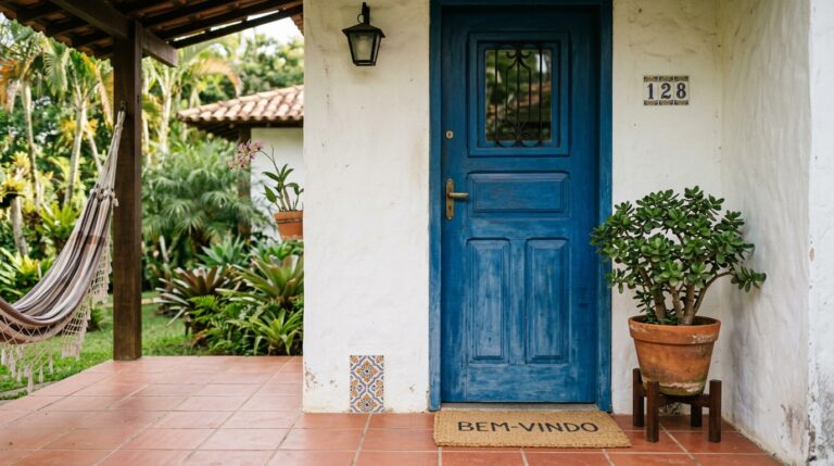 Fachada de casa com porta de madeira azul, tapete de boas-vindas e um vaso de barro com planta Jade apoiado em um suporte de madeira ao lado.