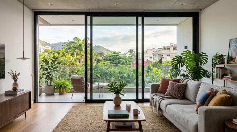 Sala de estar moderna, bem iluminada, com sofá cinza claro e mesa de centro de madeira. Ao fundo, grandes portas de correr de vidro com esquadrias pretas e finas se abrem completamente para uma varanda repleta de plantas tropicais, com vista para montanhas e prédios da cidade.