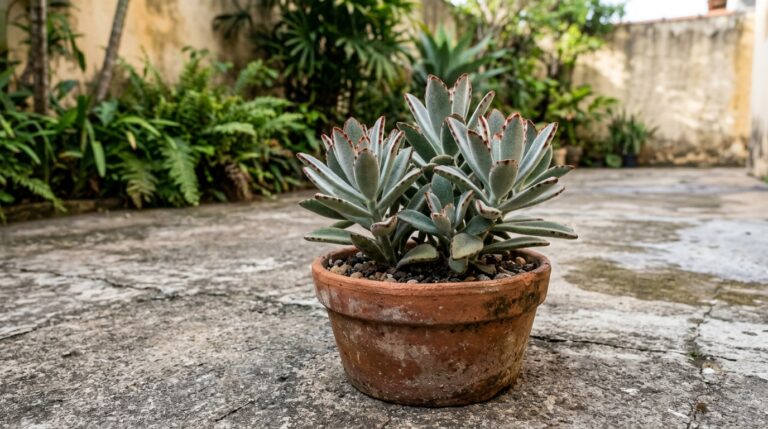 Vaso de barro rústico no chão de cimento de um quintal, contendo uma suculenta com folhas aveludadas verde-acinzentadas e pontas marrons.