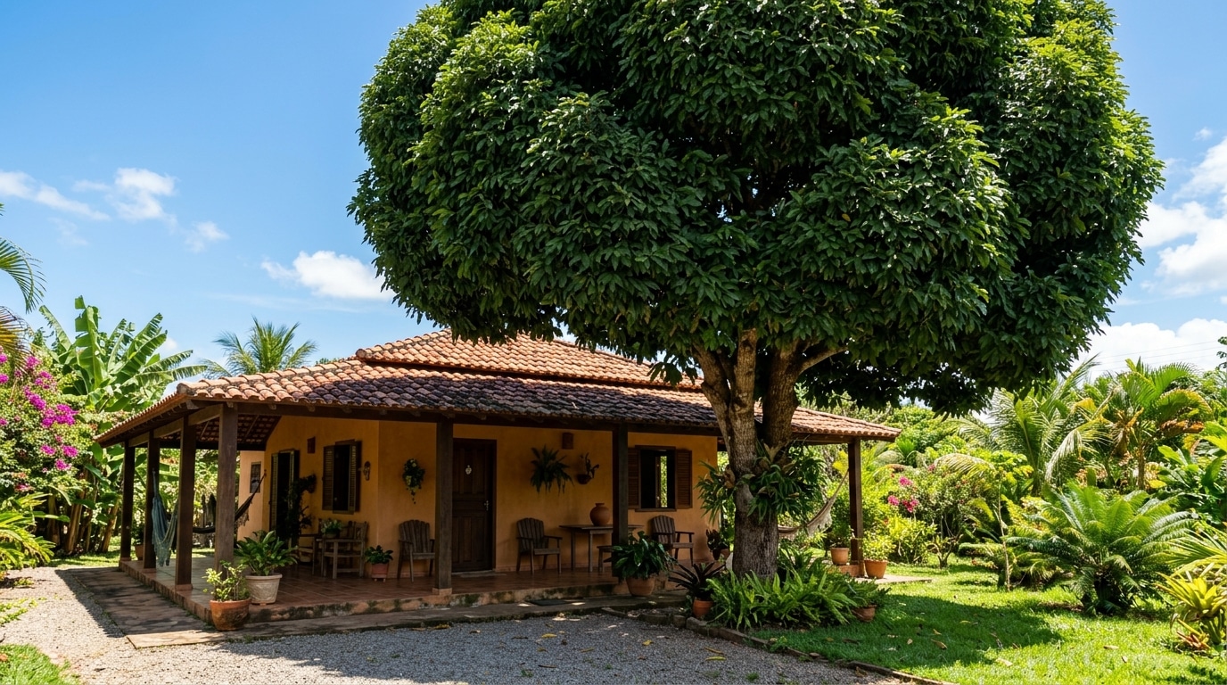 Casa brasileira de estilo rústico com telhado de barro cerâmico e varanda ampla, totalmente sombreada por uma imensa e frondosa árvore Oiti no jardim frontal. O gramado é verde e o dia está ensolarado com céu azul limpo.