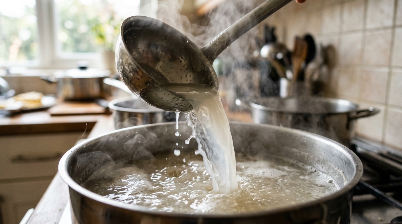 Mão segurando um punhado de macarrão espaguete cru e despejando-o em formato de leque dentro de uma panela preta com água fervendo no fogão.