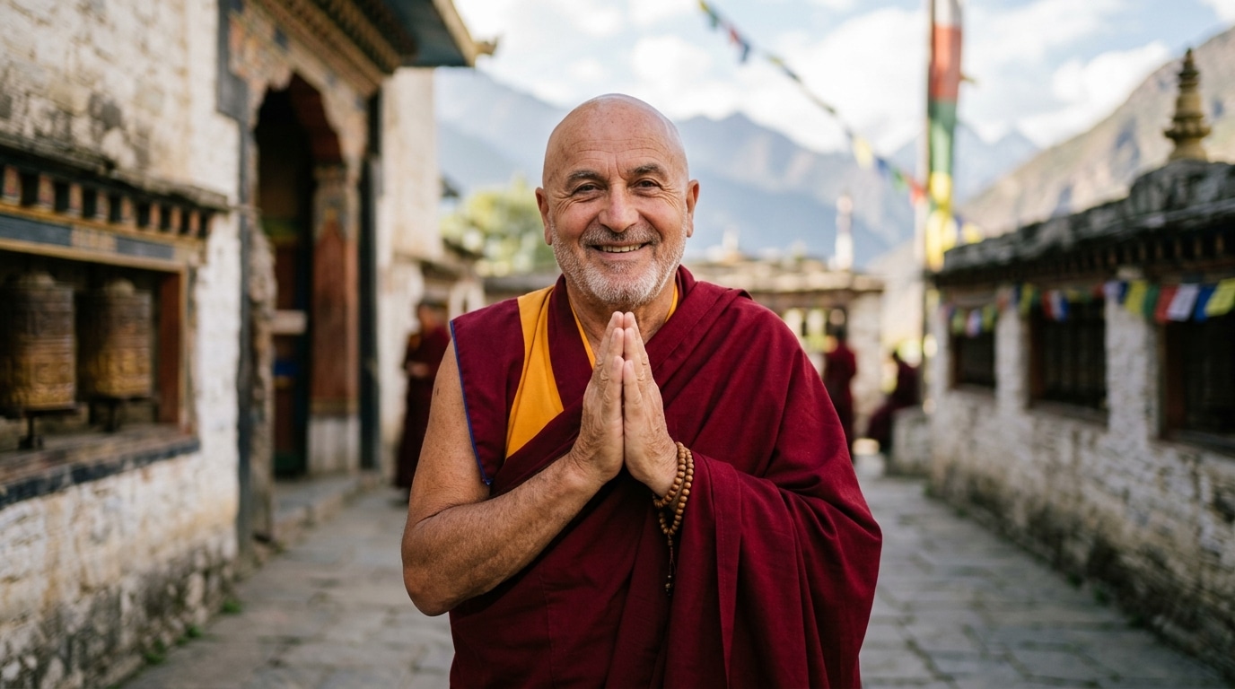 Retrato do monge budista Matthieu Ricard sorrindo de forma serena e acolhedora. Ele veste os tradicionais trajes monásticos em tons de vinho e açafrão, com as mãos unidas em um gesto de cumprimento (Namastê). Ao fundo, um cenário montanhoso desfocado com detalhes arquitetônicos tibetanos.