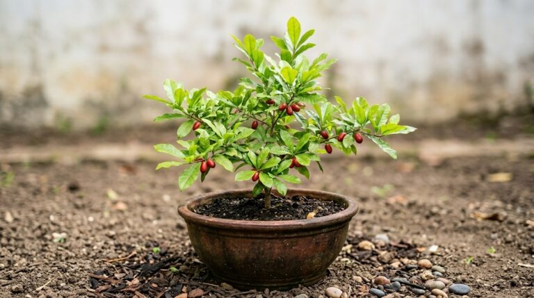 Pequena muda de miraculina com folhas verdes e frutinhos vermelhos plantada em um vaso rústico de barro, apoiado diretamente na terra do quintal.