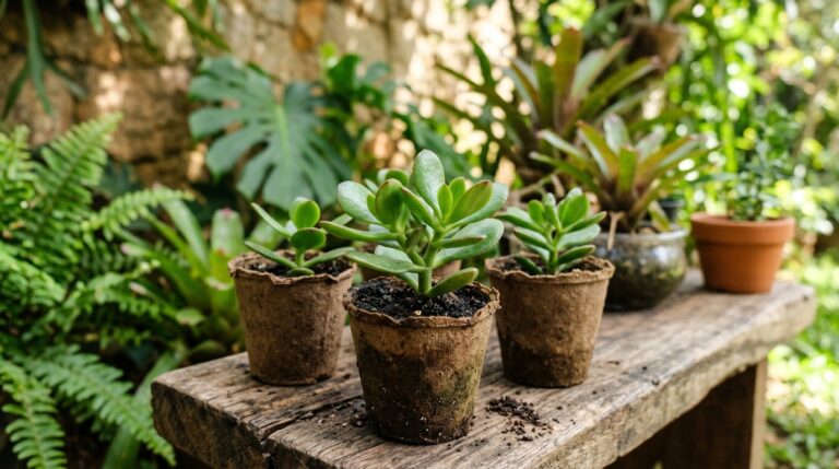 Três pequenas mudas de planta Jade cultivadas em vasinhos biodegradáveis apoiados sobre um banco de madeira rústico, com um jardim de folhagens verdes ao fundo.
