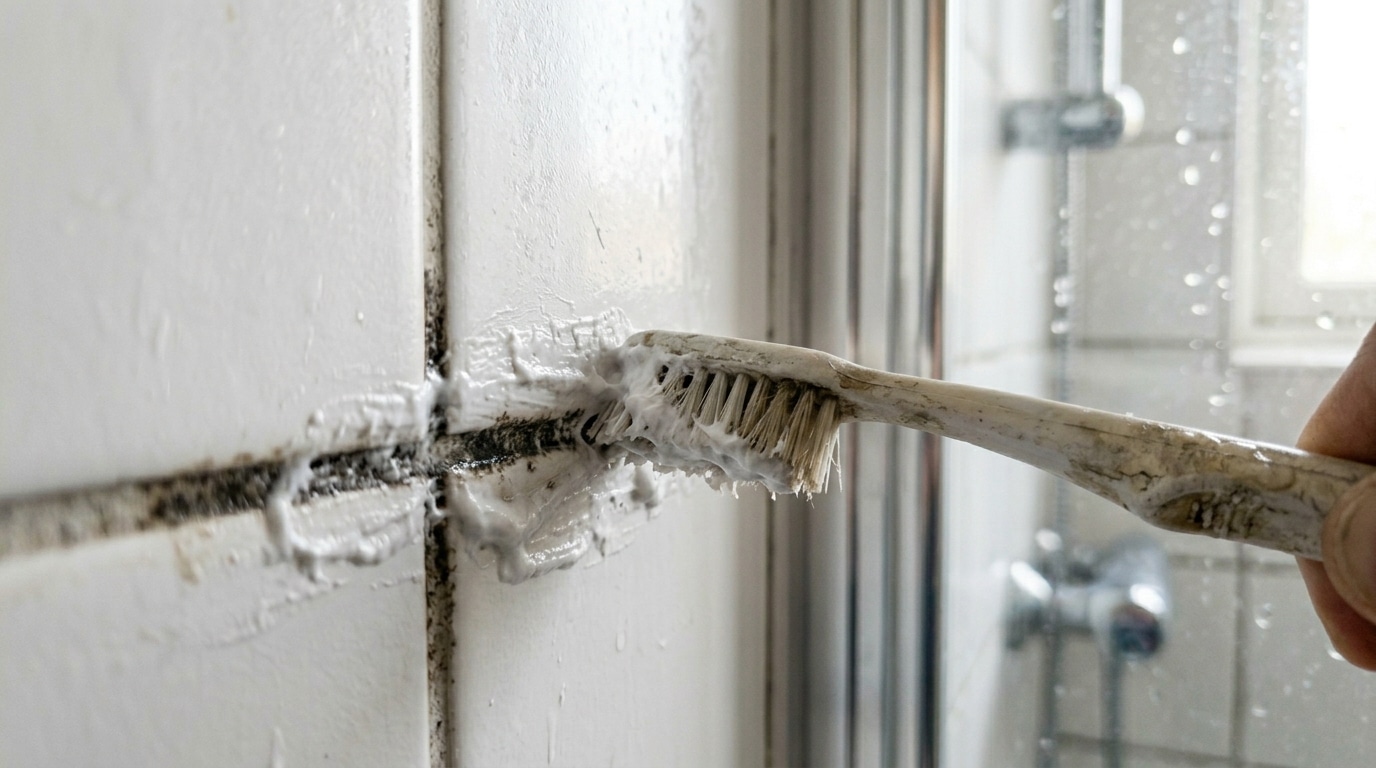 Mão segurando uma escova de dentes velha e esfregando uma pasta branca sobre o rejunte preto e mofado de azulejos brancos de banheiro.