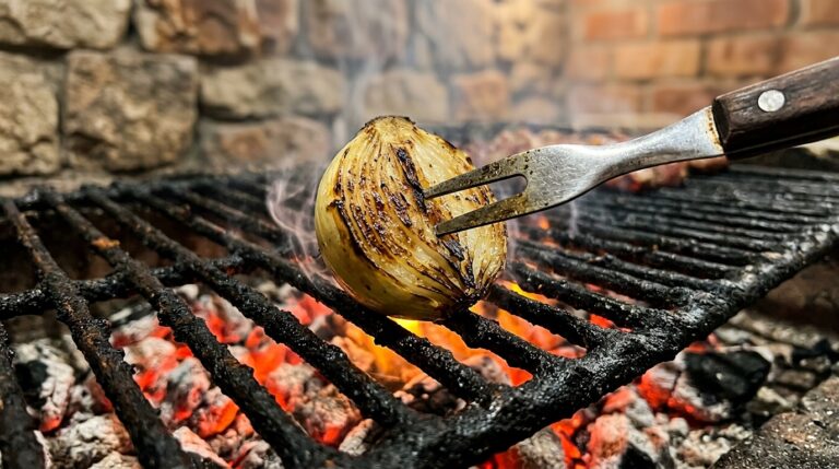Metade de uma cebola tostada espetada por um garfo de metal, sendo esfregada vigorosamente contra as hastes de uma grelha de churrasqueira com crostas escuras. Ao fundo e abaixo, brasas incandescentes em tons de laranja intenso liberam fumaça.