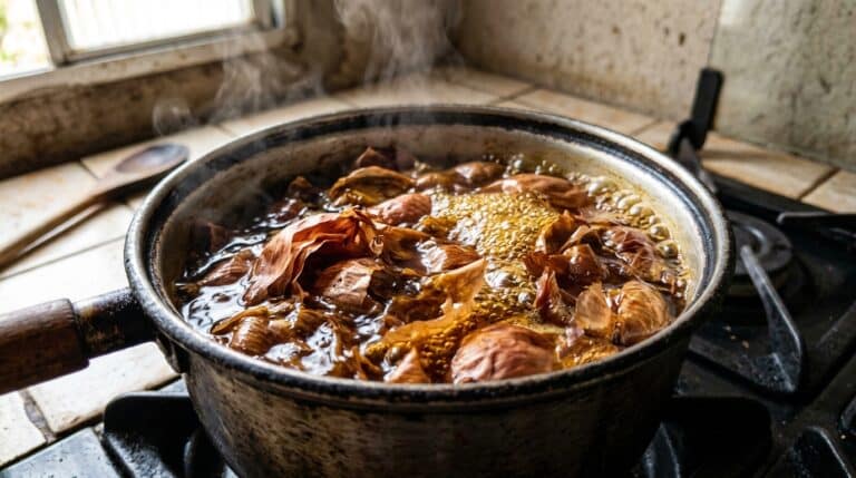 Panela rústica com cabo de madeira no fogão, fervendo várias cascas de cebola em água borbulhante que formam um líquido escuro e rico, com vapor subindo pela cozinha.