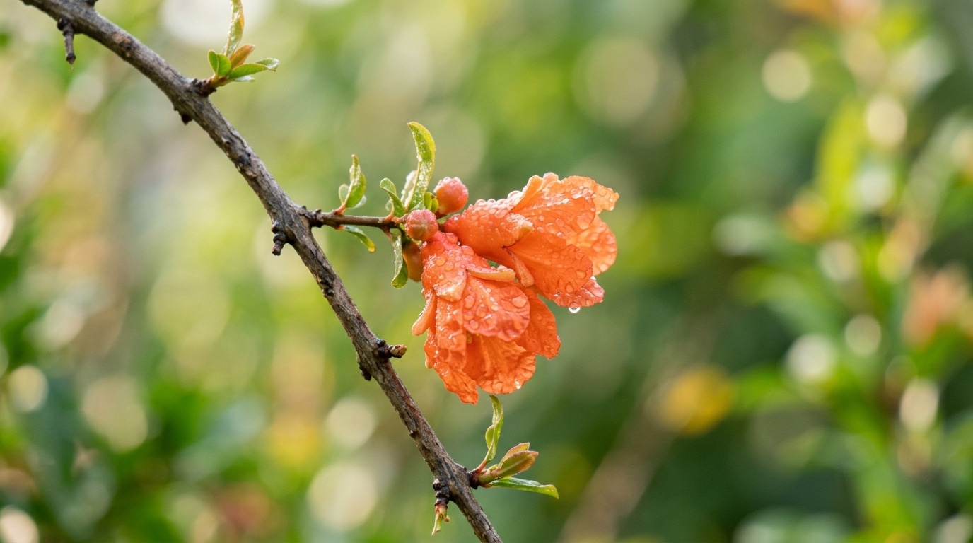 Foto macro de duas flores de romãzeira de cor laranja-vibrante com pétalas delicadas cobertas por gotículas de água em um galho fino.