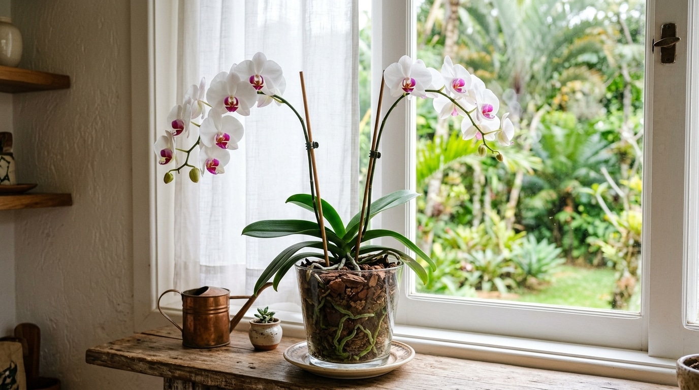 Uma orquídea Phalaenopsis com grandes flores brancas e centro rosa, plantada em um vaso de vidro transparente preenchido com cascas de pinus e musgo. O vaso está sobre uma bancada de madeira rústica ao lado de um regador de cobre, em frente a uma janela branca bem iluminada com vista para um jardim verde.