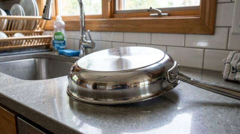 Fundo externo de uma panela de aço inox limpo e brilhante, refletindo a luz natural da janela, posicionado de cabeça para baixo sobre uma bancada de granito.