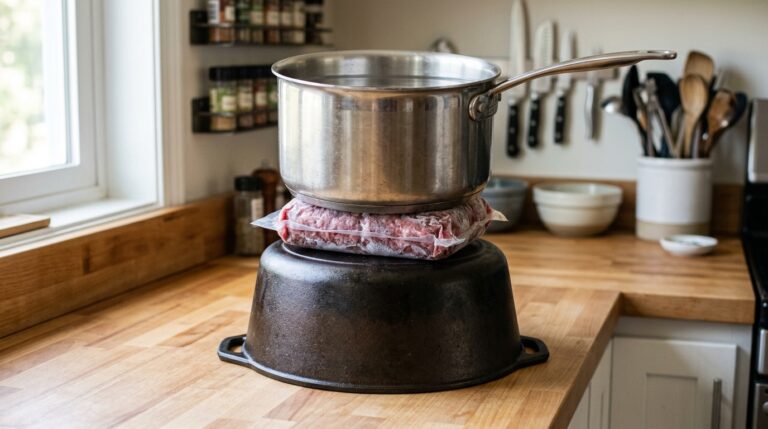 Bloco de carne moída congelada e embalada a vácuo, posicionado sobre uma base grossa de panela de ferro fundido virada para baixo. Por cima da carne, há uma panela de aço inox cheia de água atuando como peso. O conjunto repousa sobre uma bancada de madeira clara ao lado de uma janela.